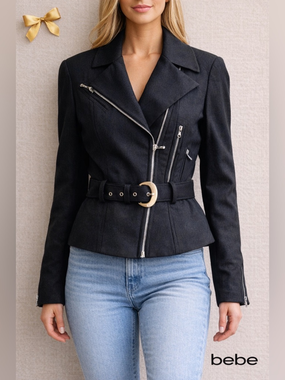 Bebe Belted Moto Jacket Wool Blend Black Structured Zip Detail Medium